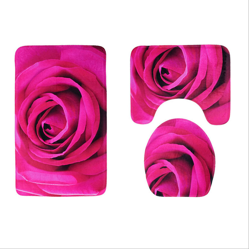 (1) 3pcs 3D Rose Bathroom Floor Mat Set Anti Slip Rug, Shower Bath Mat ,Toilet Lid Cover