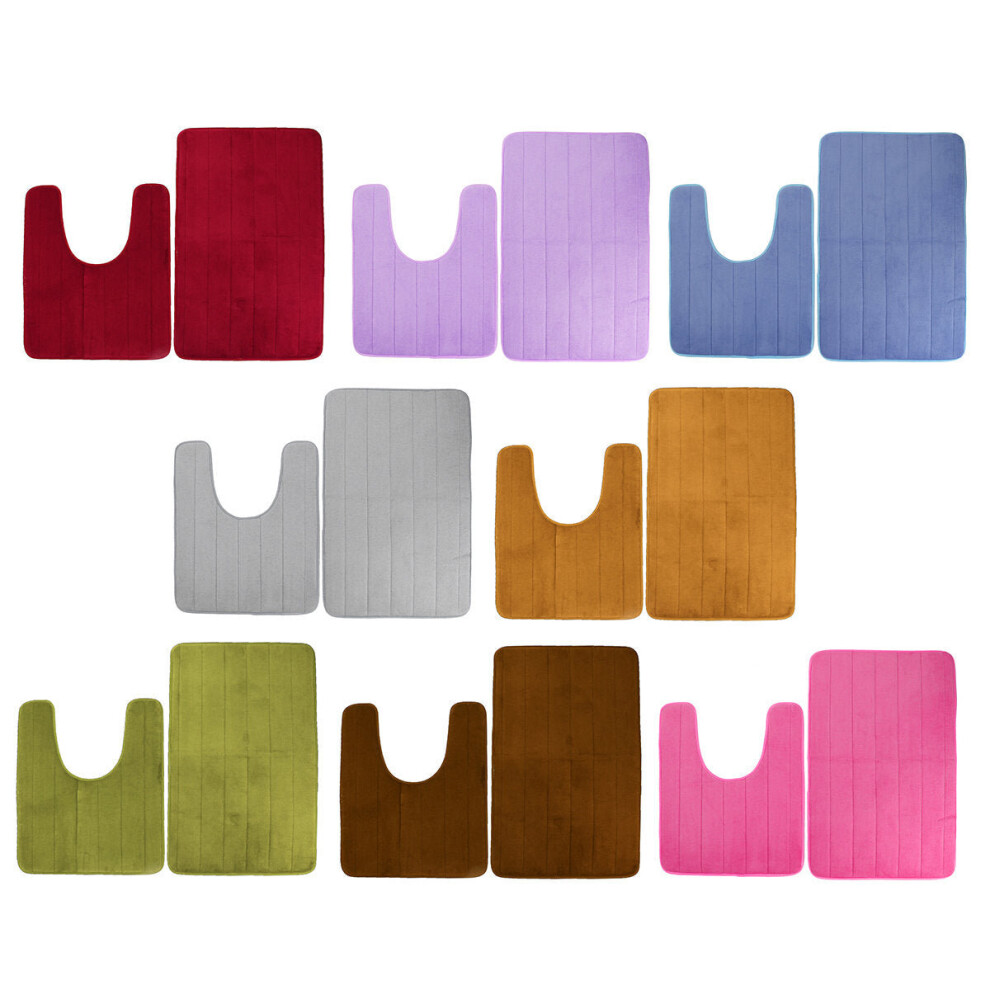 (Rose) 2pcs Super Absorbent Memory Foam Coral Velvet Toilet Mat Set Bathroom Rug Floor Feet Cushion