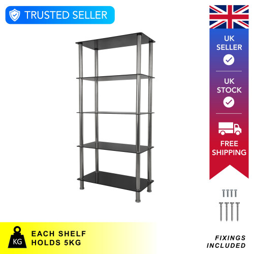 Black Glass 5 Tier Modern, Organisation Rack, Shelving Shelf Unit, Shelf Width 70cm x 35cm