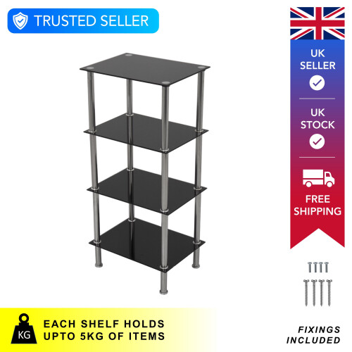 Black Glass 4 Tier Modern Organisation Rack, Shelving Shelf Unit, Shelf ...