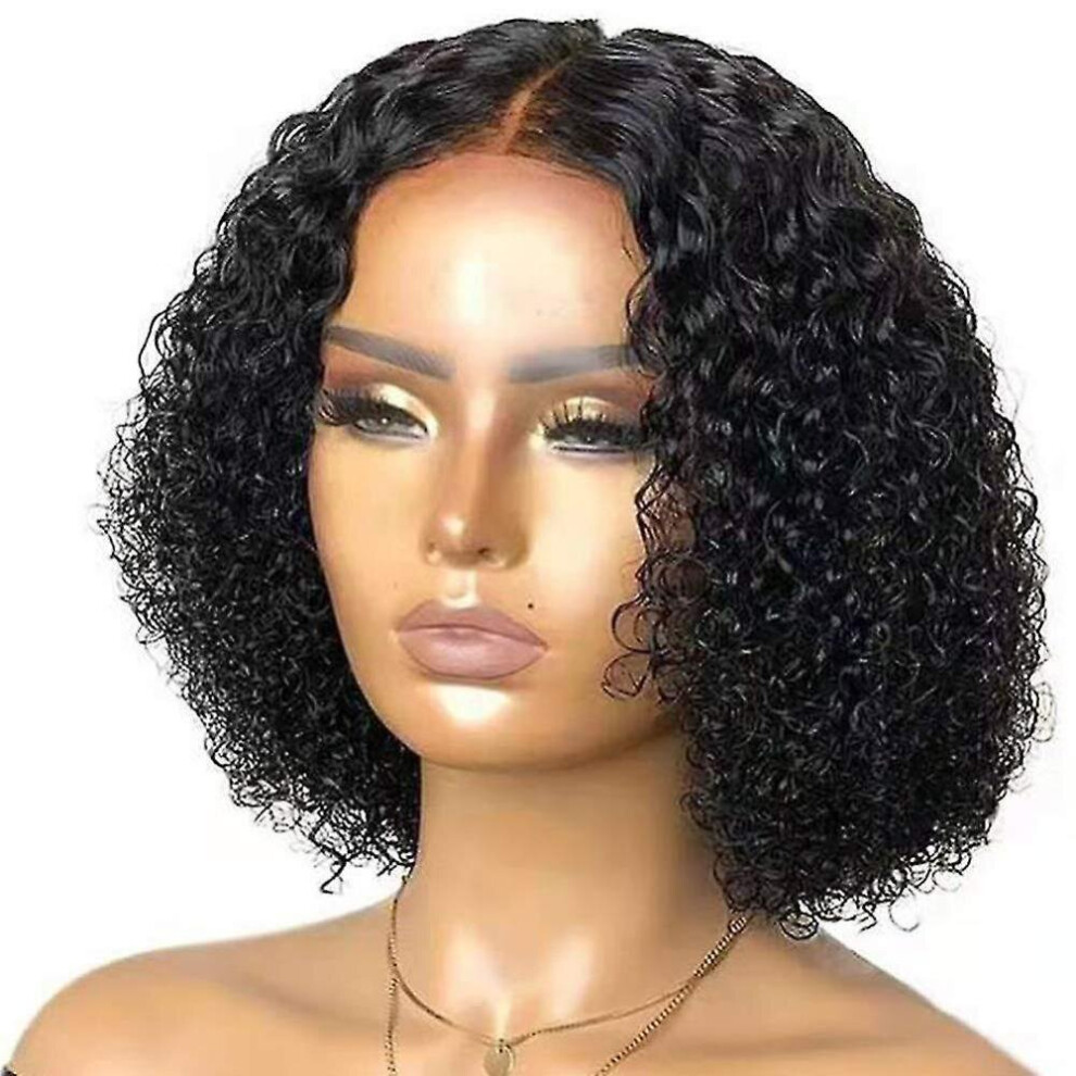 Eallc Deep Wave Short Wig, Brazilian Curly Virgin Human Hair Wigs Short Bob Curly Wig Front Closure Short Wigs Black