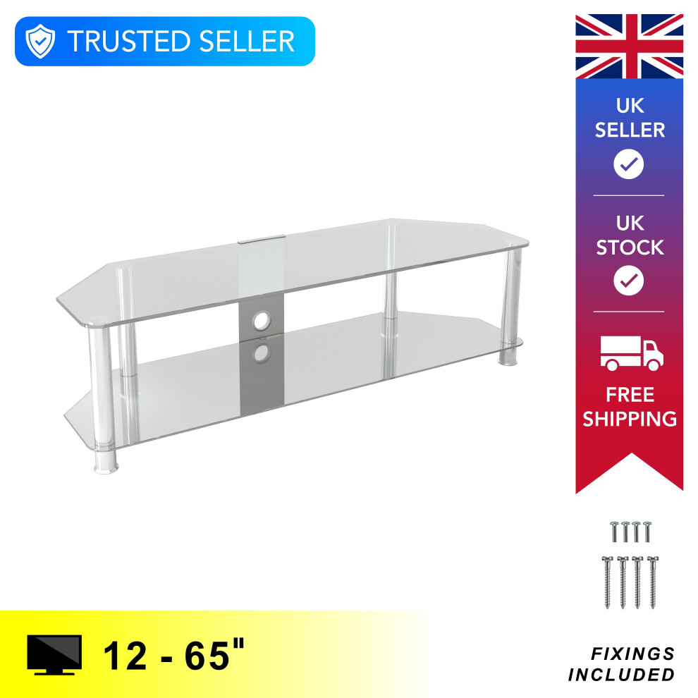 Mahara Glass TV Stand 140cm, Chrome Legs, Clear Glass, Cable Management, for TVs up to 65"