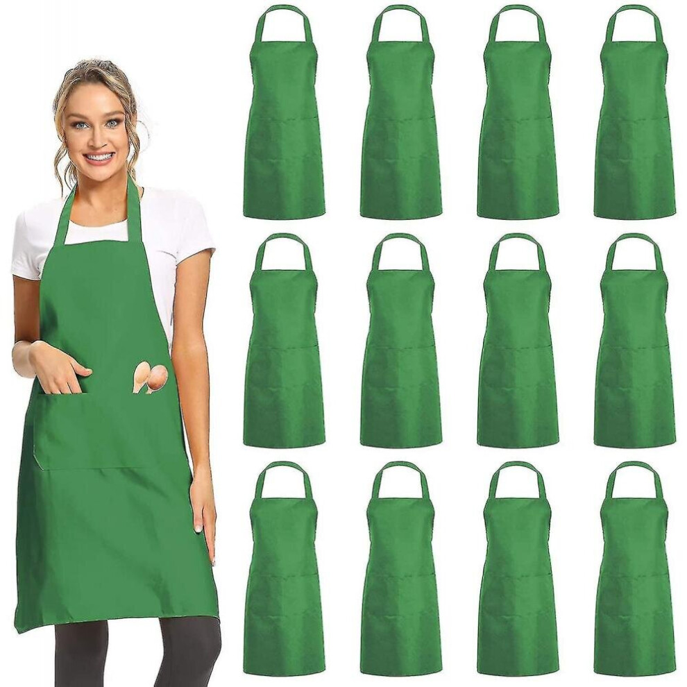 (Green) 12 Pack Plain Bib Aprons With 2 Pockets - Black Unisex Commercial Apron Bulk