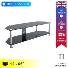 Mahara Glass TV Stand 140cm, Chrome Legs, Black Glass, Cable Management, for TVs up to 65"