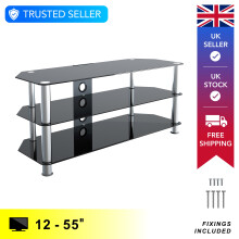 Mahara Glass TV Stand 114cm, Chrome Legs, Black Glass, Cable Management, for TVs up to 55"