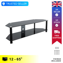 Mahara Glass TV Stand 140cm, Black Legs, Black Glass, Cable Management, for TVs up to 65"