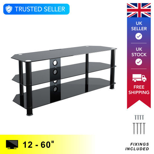 Mahara Glass TV Stand 125cm, Black Legs, Black Glass, Cable Management, for TVs up to 60