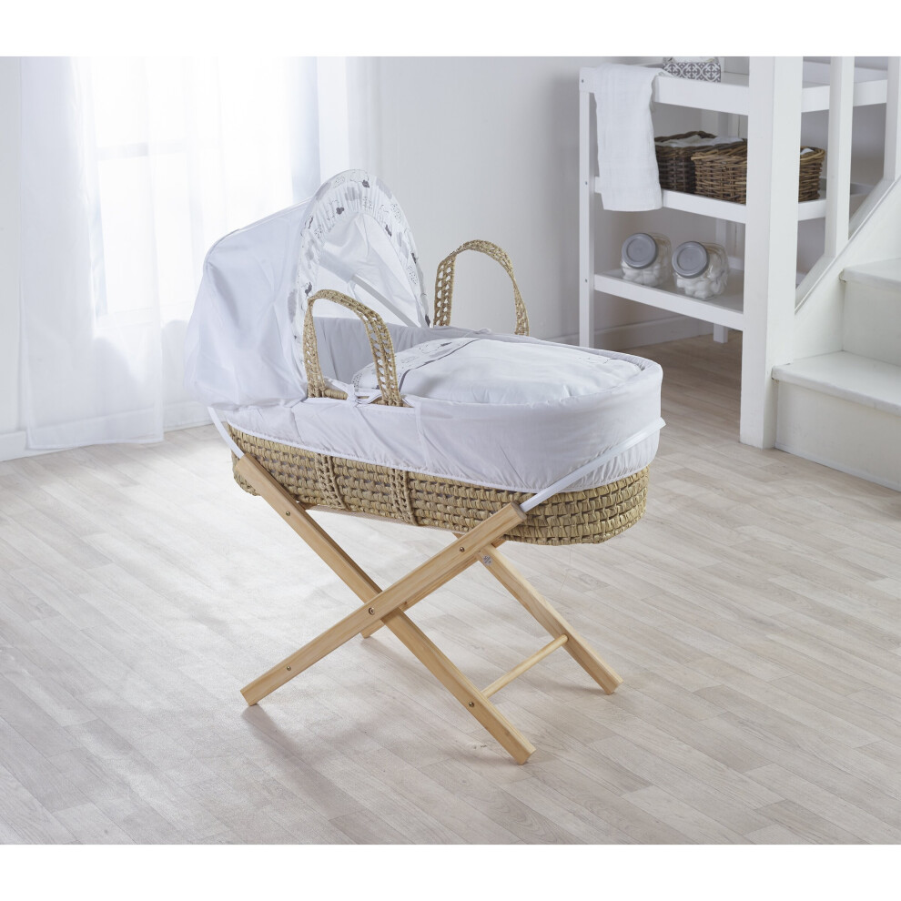 Silver Lining Palm Moses Basket includes mattress dressing and quilt