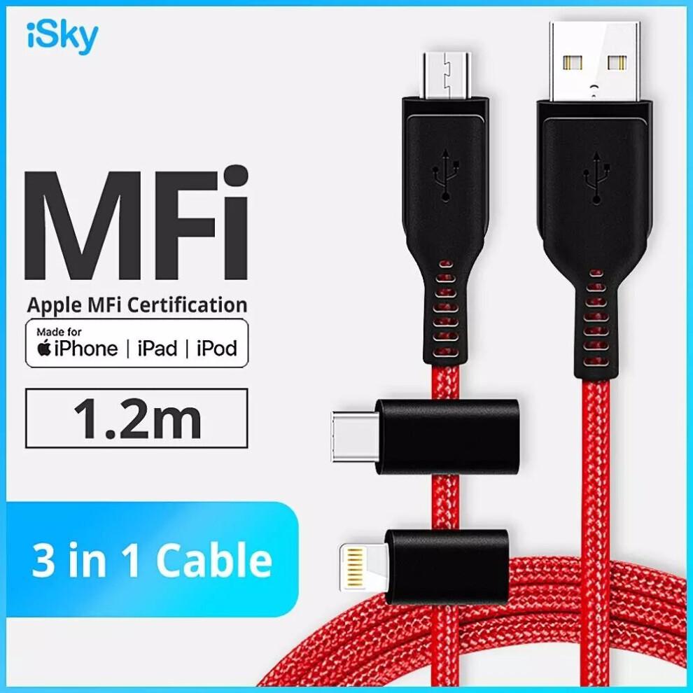 Isky Mfi 2.4A 3 In 1 Usb Data Cable Micro Usb Usb C Lightning Fast Charging For Iphone 12 12Pro Huawei P30 P40 Pro Oneplus 8Pro 8T 712804898140