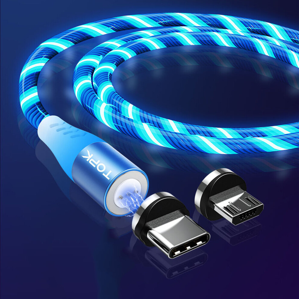 Topk 5A Led Flow Glow Lighting Magnetic Type C Micro Usb Data Cable For Xiaomi Mi9 Huawei Mate30 5G Pro Pocophone F1 Note10+ 5G Blue/Green/Red 6900061879390