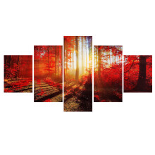 5Pcs Canvas Print Paintings Landscape Red Maple Forest Wall Decorative Art Pictures Frameless Wall Hanging Decorations for Home Office