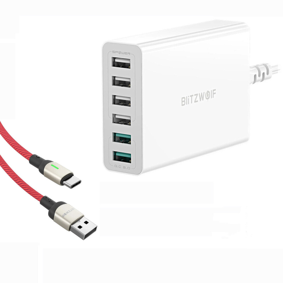 Blitzwolf Bw S15 60W Dual Qc3.0 6 Ports Desktop Usb Smart Charger Au Adapter With Bw Tc21 3A Led Type C Fast Charging Data Cable For S20 20+ Xiaomi M 7445021787753