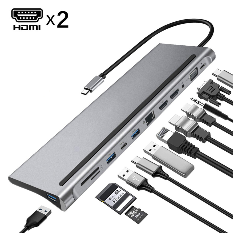 Bakeey 12 In 1 Triple Display Usb Type C Hub Docking Station Adapter With Dual 4K Hdmi Display 1080P Vga 87W Usb C Pd3.0 Power Delivery Usb C Data Tr 6901249190191