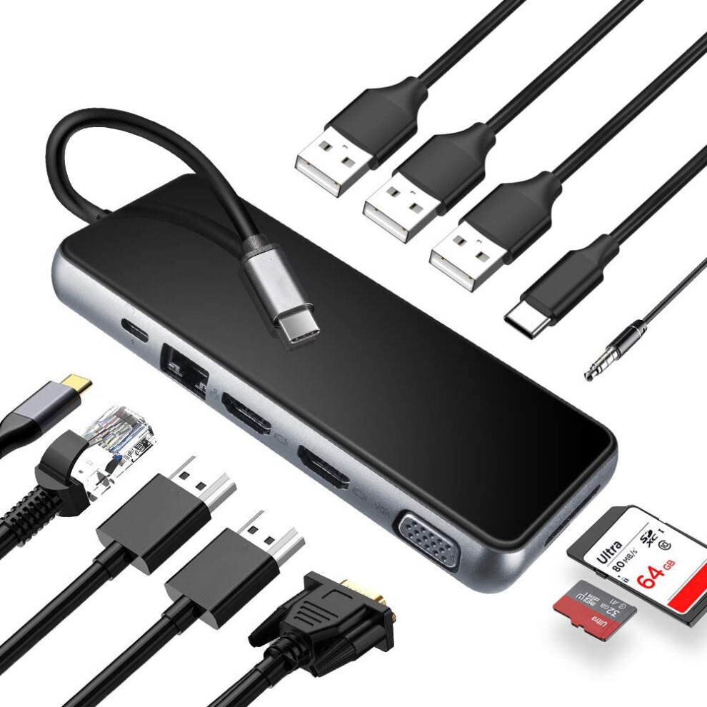 Mst 12 In 1 Triple Display Usb C Hub Docking Station Adapter With Dual 4K Hdmi Hd Display 1080P Vga 87W Usb C Pd3.0 Power Delivery Usb C Data Transfe 6955362013967
