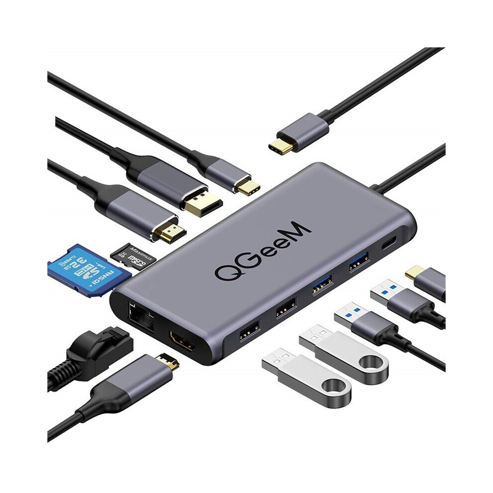 Qgeem 12 In 1 Triple Display Usb C Hub Docking Station Adapter With Dual 4K Hdmi Hd Display 4K Dp Hdmi 100W Usb C Pd3.0 Power Delivery Usb Type C Dat 6900073900013
