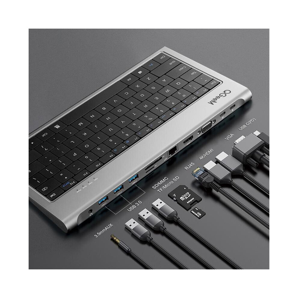 Qgeem Aluminum Alloy Keyboard + 11 In 1 Usb C Hub Docking Station Adapter With 4K Hdmi Hd Display 1080P Vga 100W Usb C Pd3.0 Power Delivery Usb C Dat 6900074651402