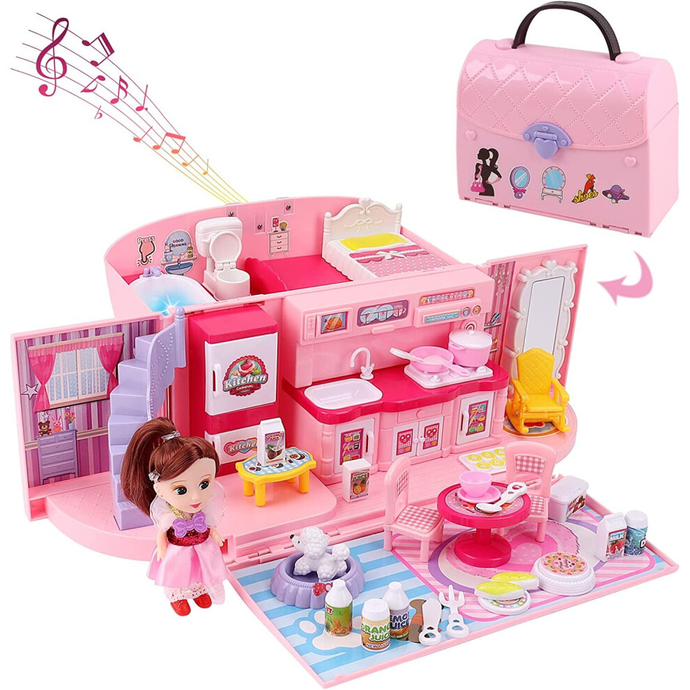 deAO Children\u2019s 2-In-1 Pink Portable Doll House Play Set With Light And Music Functions, Accessories, Carry Case \u2013 Great Gift For Kids