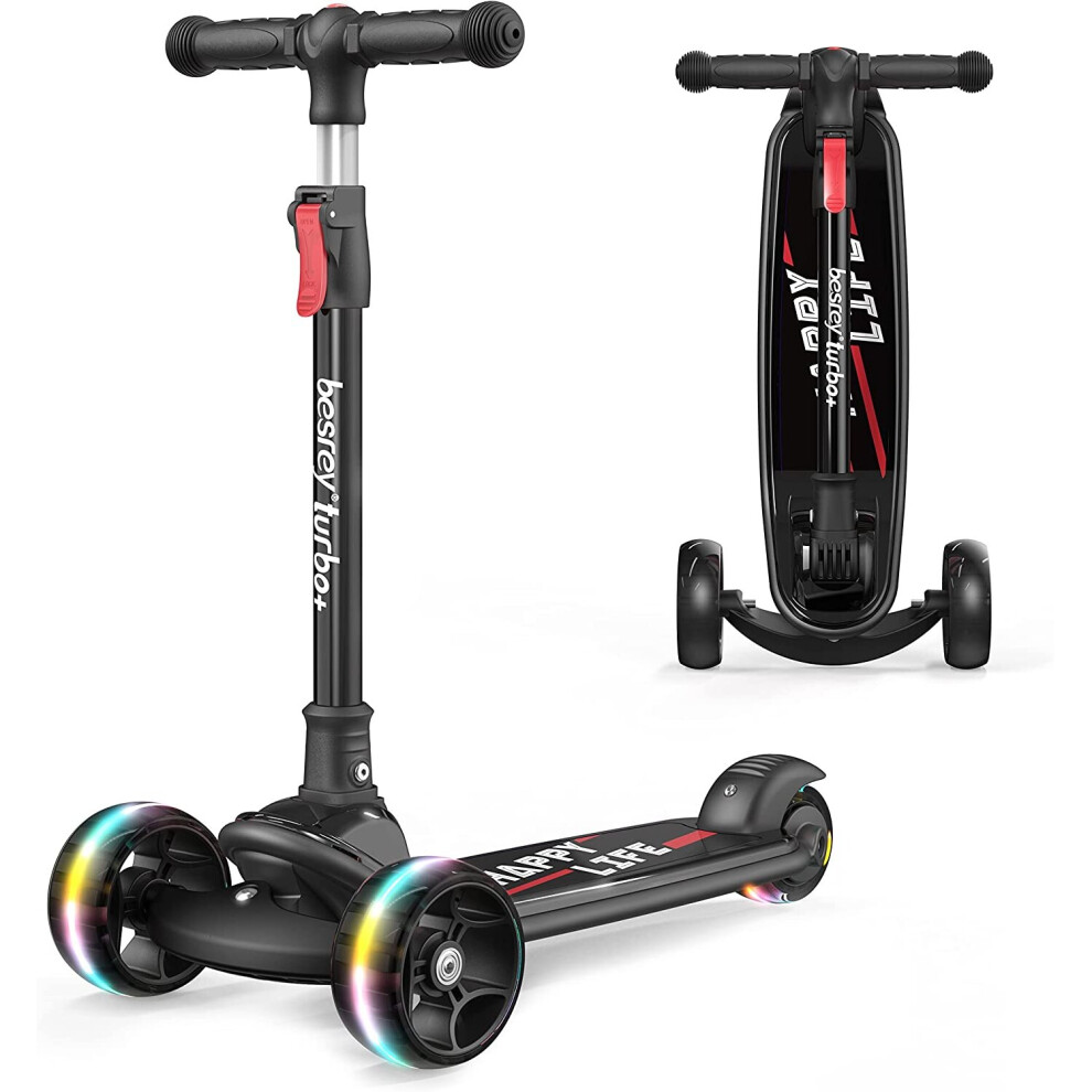 Besrey Kids Scooter - 4-Level Adjustable Height, Foldable Kick Scooter With Led Flashing Wheels, Lean-To-Steer, Wide Deck For Boys & Girls (110 Lbs)