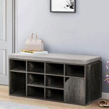 (Grey) Hallway Shoe Storage Bench Cabinet With Linen Padded Cushion Seat