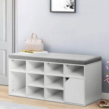 (White) Hallway Shoe Storage Bench Cabinet With Linen Padded Cushion Seat