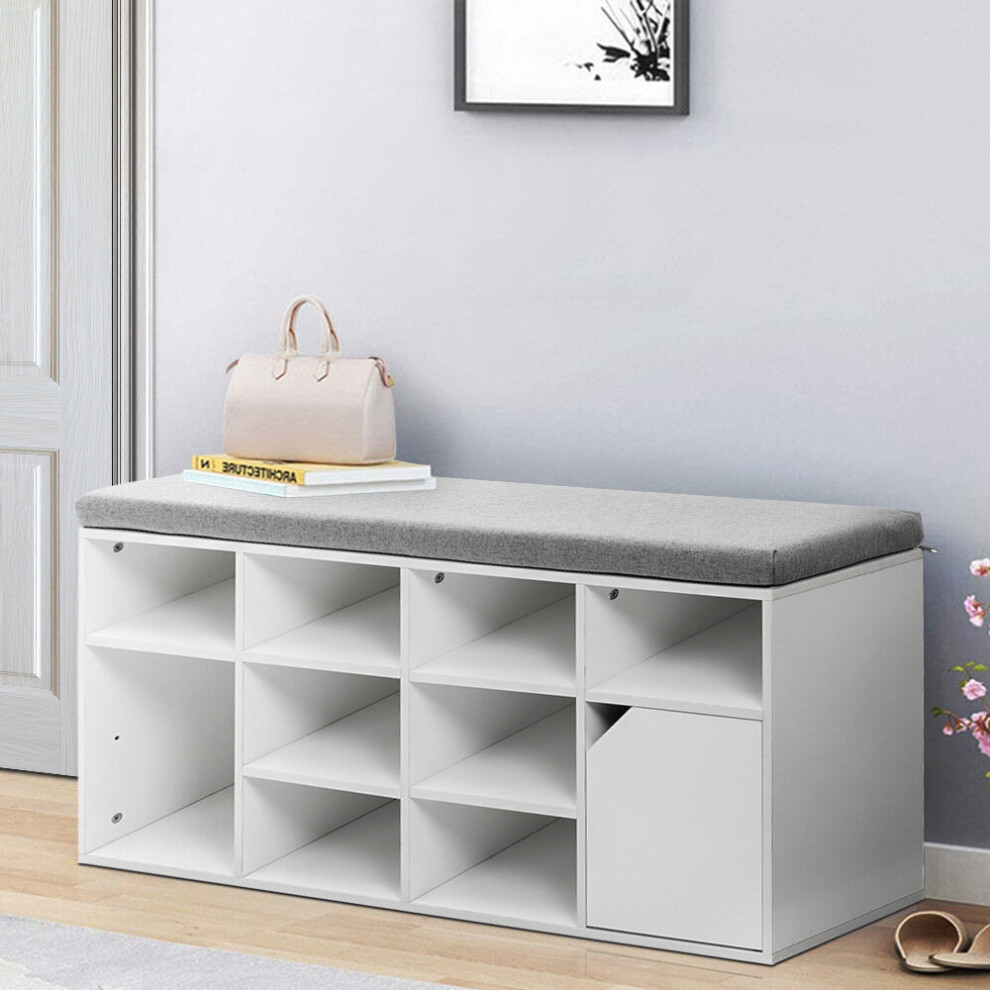 (White) Hallway Shoe Storage Bench Cabinet With Linen Padded Cushion Seat
