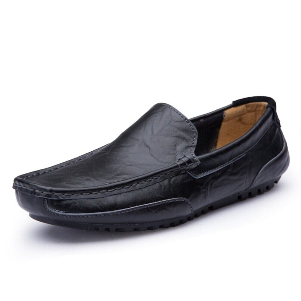 (Black, UK 10) Mens Leather Casual Shoes Breathable Flats Loafers Slip on Moccasins Driving UK