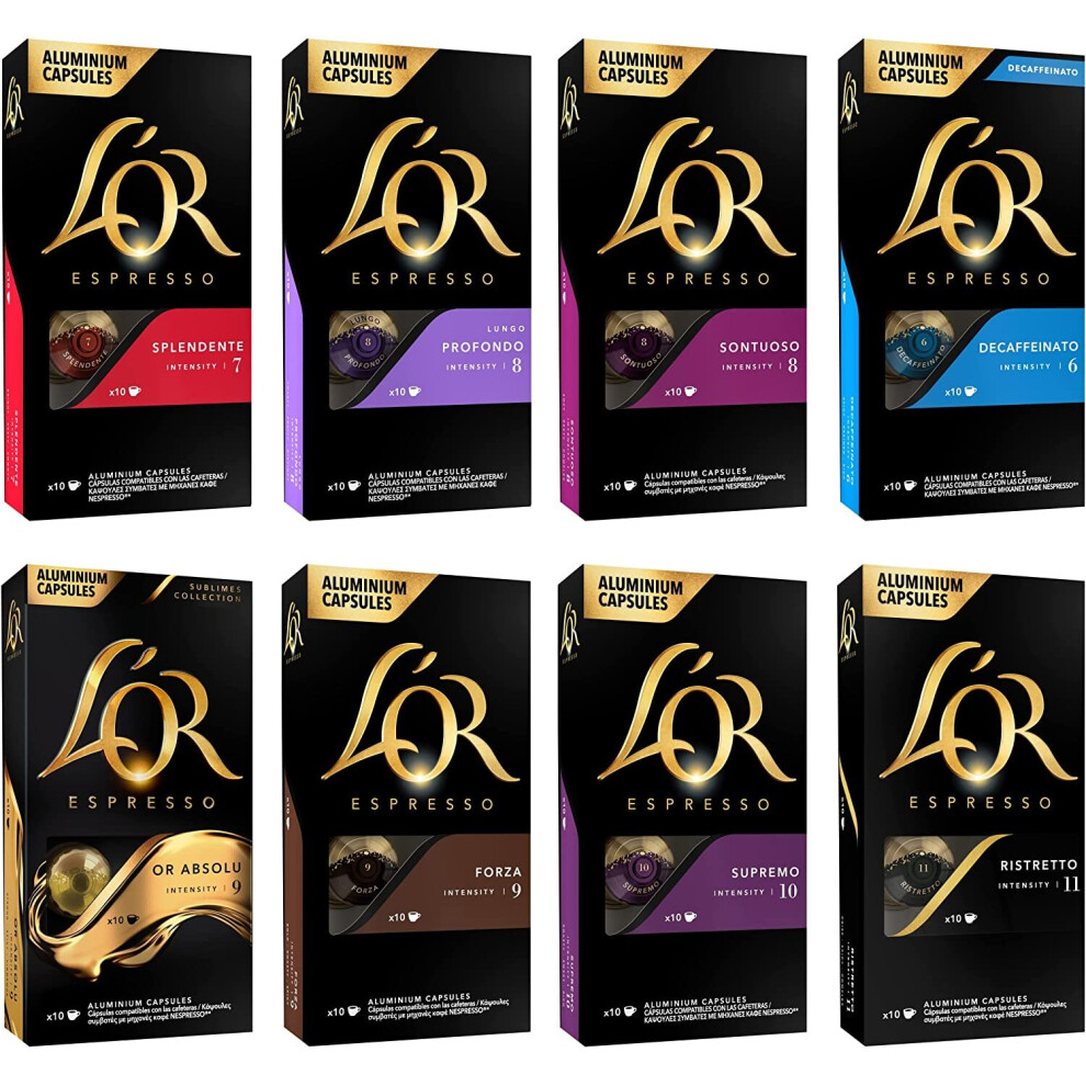 L'OR Favourites Assortment Nespresso Compatible Coffee Pods (Pack of 8, Total 80 Drinks)