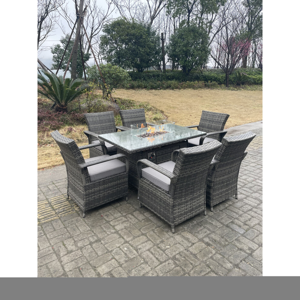 Fimous Rattan Garden Furniture Gas Fire Pit Rectangular Table Chairs 6 Seater