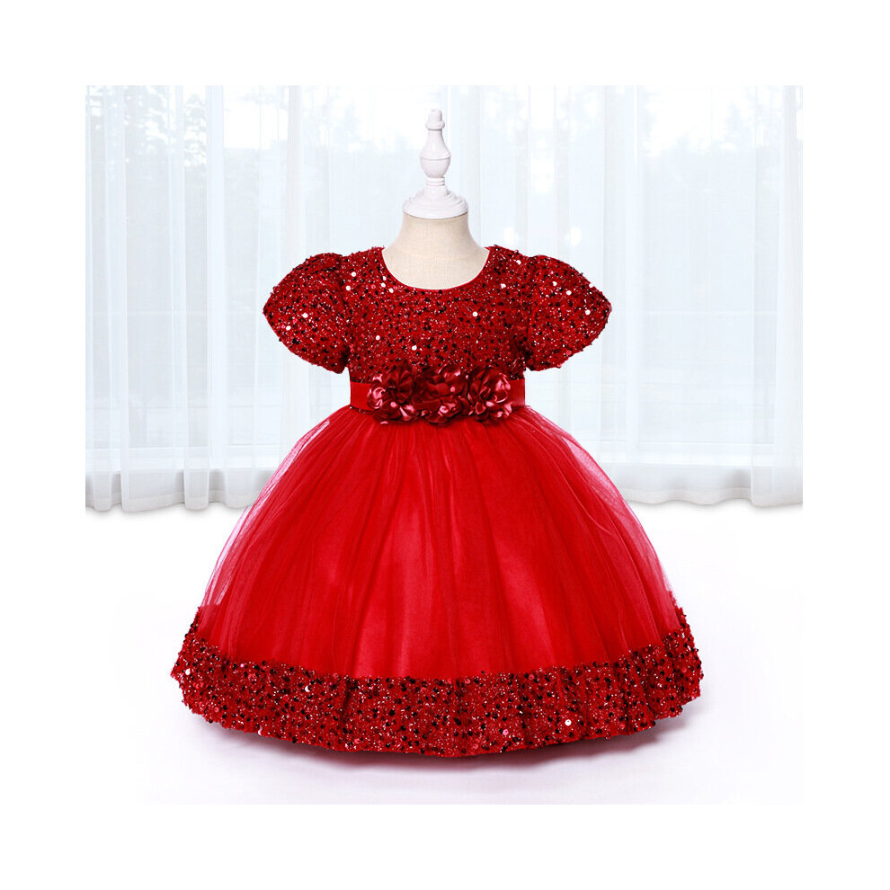 (Red, 6 Months-12 Months) Baby kids girls Bow flower princess dress UK STOCK