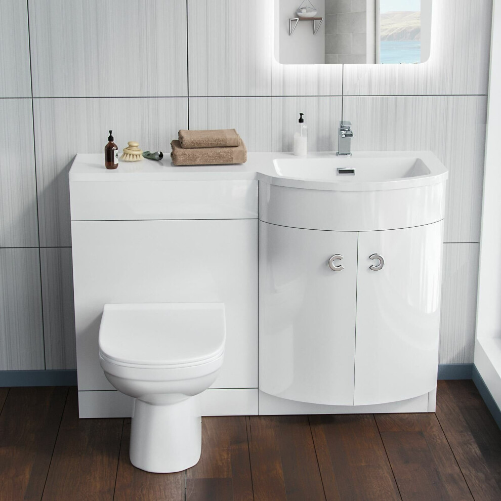 Nes Home White 1100 mm P-Shaped Vanity Unit RH Sink and Toilet Bathroom Furniture