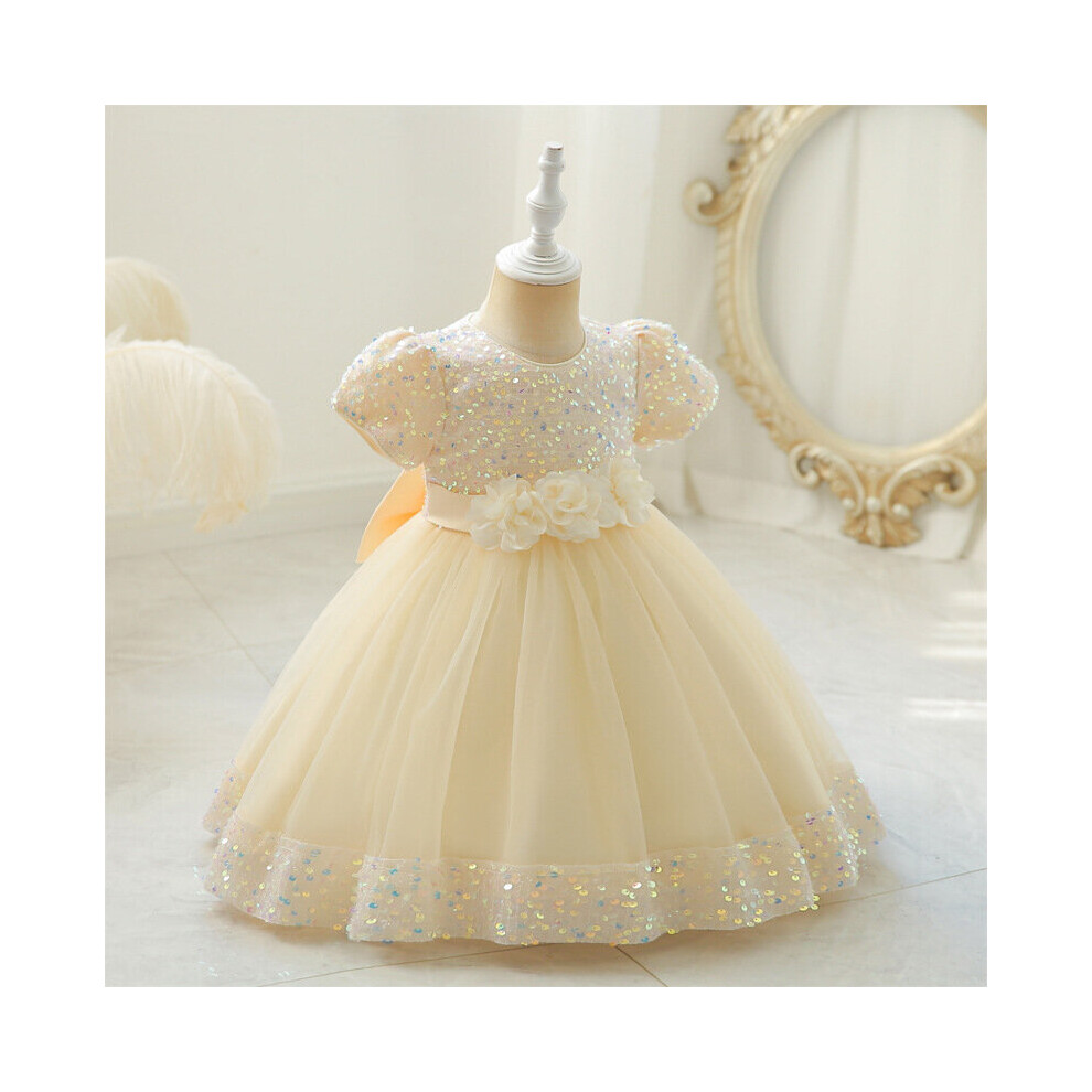 (Champagne, 1-2 Years) Baby kids girls Bow flower princess dress UK STOCK