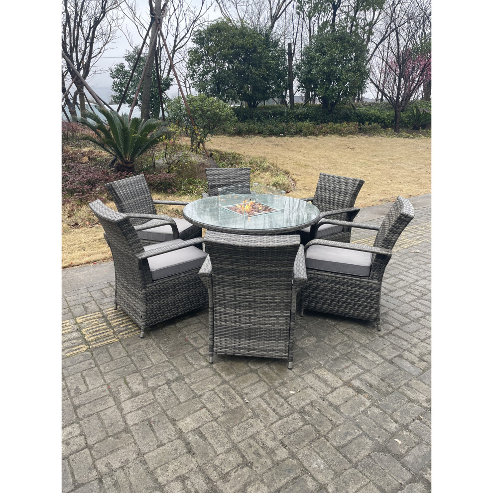 Fimous Rattan Garden Furniture Gas Fire Pit Round Table Chairs 6 Seater