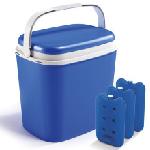 (blue with ice packs) 27L Large Compact Insulated Beach Picnic & Camping Leakproof Travel Cooler Cool Box w/ Handle Ice Packs