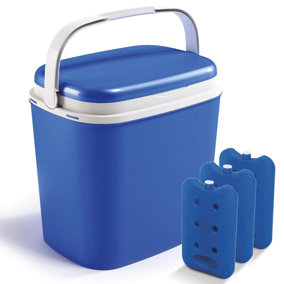 Urbn Living ( With Ice Packs) 27L Large Compact Insulated Beach Picnic & Camping Leakproof Travel Cooler Cool Box W/ Handle Ice Packs Blue