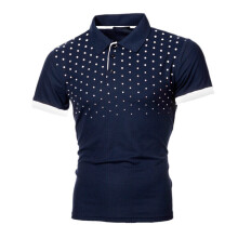 (Navy Blue White, L) Mens Polka Dot Short Sleeve Polo Shirts Casual Slim Fit Button Golf T Shirt Tops