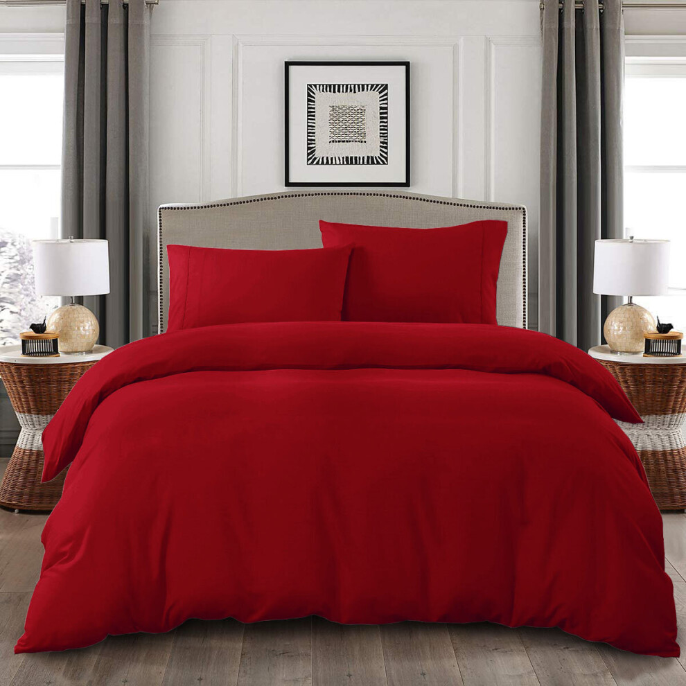 (Red, Double: 200 x 200 cm) Plain Duvet Quilt Cover Bedding Set & Pillowcases Pair