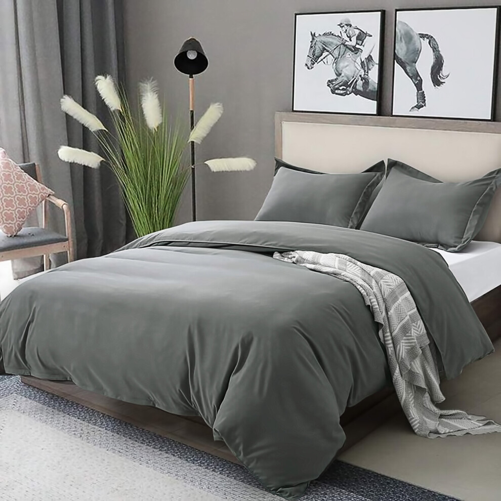 (Grey, Super King: 260 x 220 cm) Plain Duvet Quilt Cover Bedding Set & Pillowcases Pair