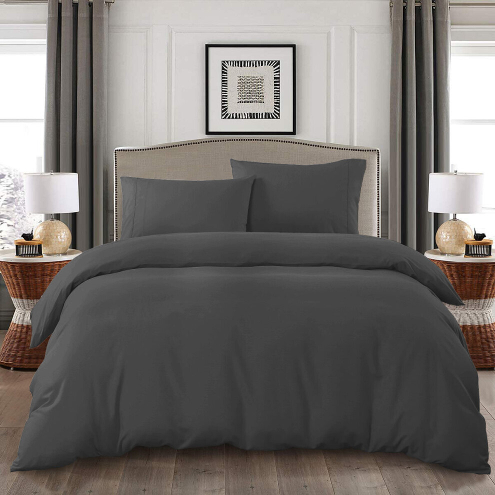 (Charcoal, Single: 137 x 200 cm) Plain Duvet Quilt Cover Bedding Set & Pillowcases Pair