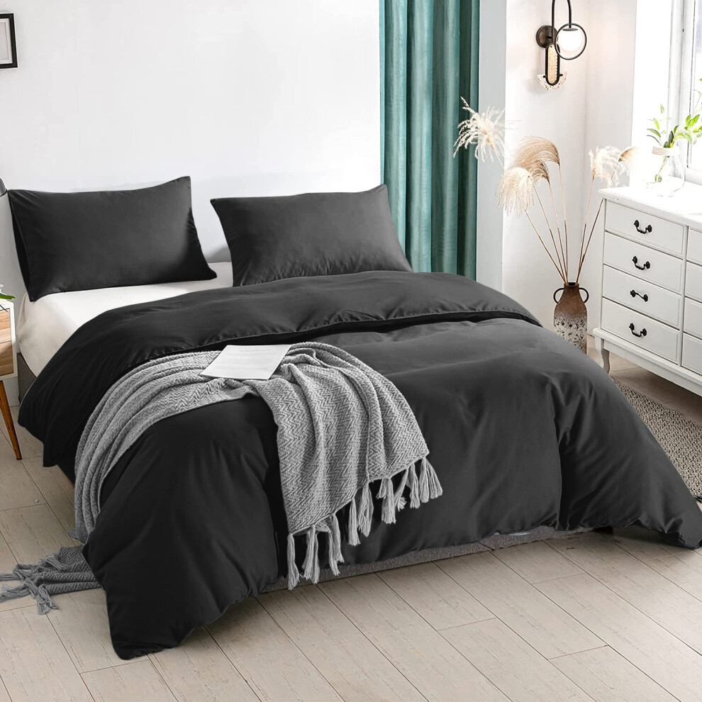 (Charcoal, Super King: 260 x 220 cm) Plain Duvet Quilt Cover Bedding Set & Pillowcases Pair