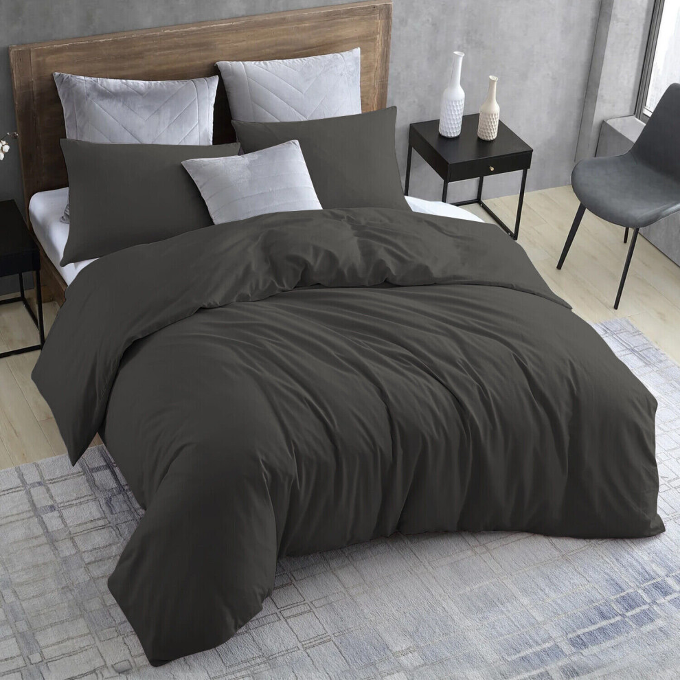 (Charcoal, King: 230 x 220 cm) Plain Duvet Quilt Cover Bedding Set & Pillowcases Pair