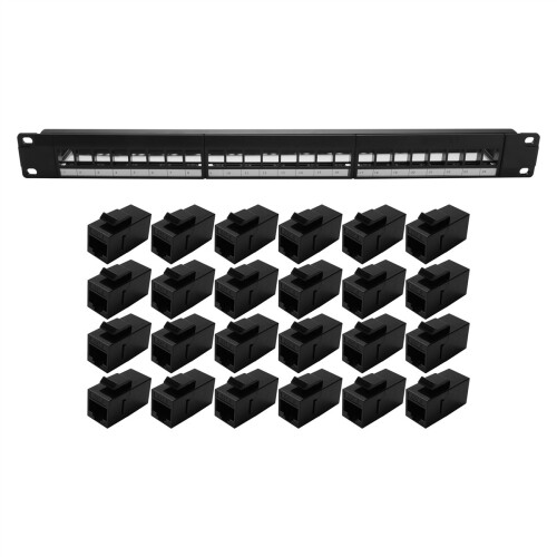19Inch 1U Cabinet Rack Pass-Through 24 Port CAT6 Patch Panel RJ45 Cable Adapter Modular Frame 1