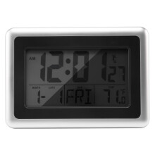 Atomic Digital Wall Clock, Lcd Display, Battery Operated, Indoor Temperature, Calendar, Table Standing, Snooze Without Back Light (Silver)