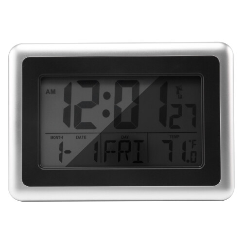 Atomic Digital Wall Clock, Lcd Display, Battery Operated, Indoor Temperature, Calendar, Table Standing, Snooze Without Back Light (Silver)