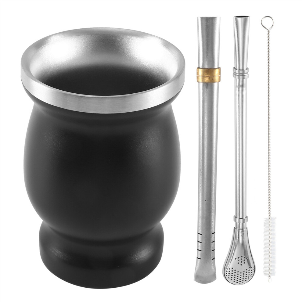 Double-Wall Stainless Yerba Tea Cup Set Coffee Water Cup with 2 Bombillas Straws Spoon&Clean Brush 8Oz Black 