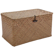 Handmade Straw Woven Storage Basket with Lid Organizer Storage Box Seagrass Laundry Baskets Rattan Jewelry Box(M)