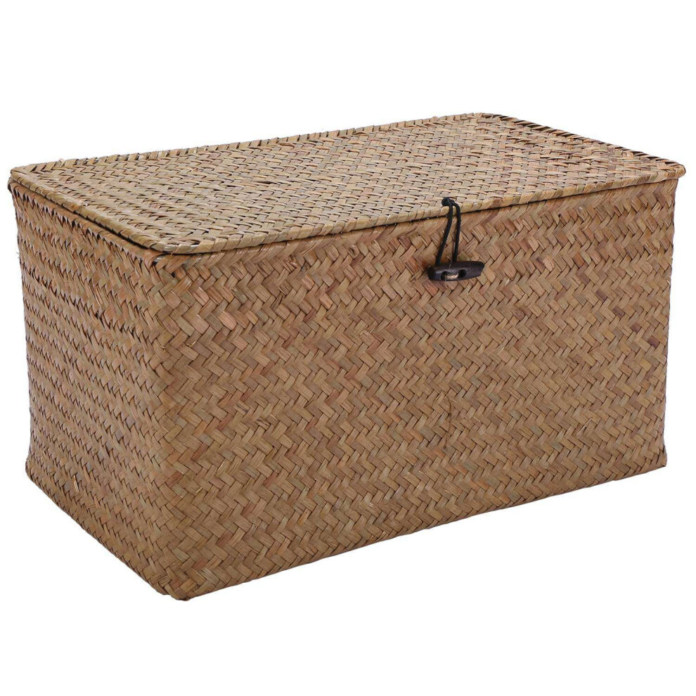 Handmade Straw Woven Storage Basket with Lid Organizer Storage Box Seagrass Laundry Baskets Rattan Jewelry Box(M)