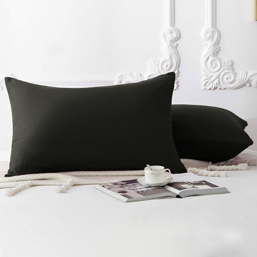 (Black, 2 x Pillow Cases) Plain Duvet Quilt Cover Bedding Set Microfiber Plain Pillowcases Pair