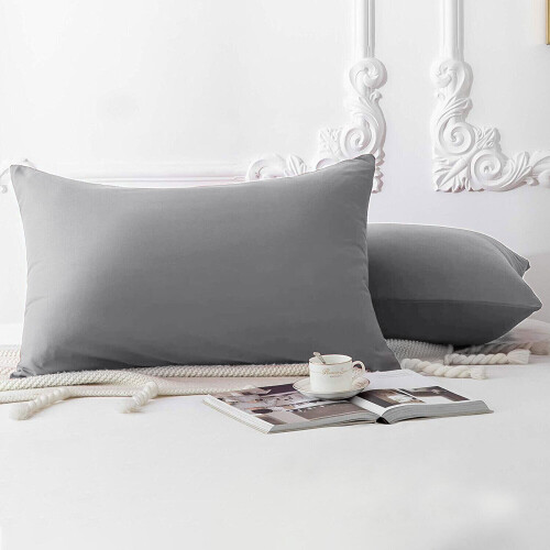 (Grey, 2 x Pillow Cases) Plain Duvet Quilt Cover Bedding Set Microfiber Plain Pillowcases Pair