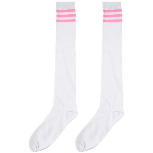 1pair Womens Athlete Thin Solid Thigh Highs Tights Over Knee Socks White w Pink 1