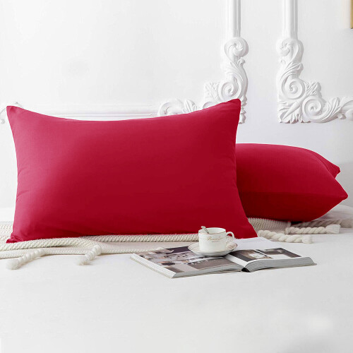 (Red, 2 x Pillow Cases) Plain Duvet Quilt Cover Bedding Set Microfiber Plain Pillowcases Pair